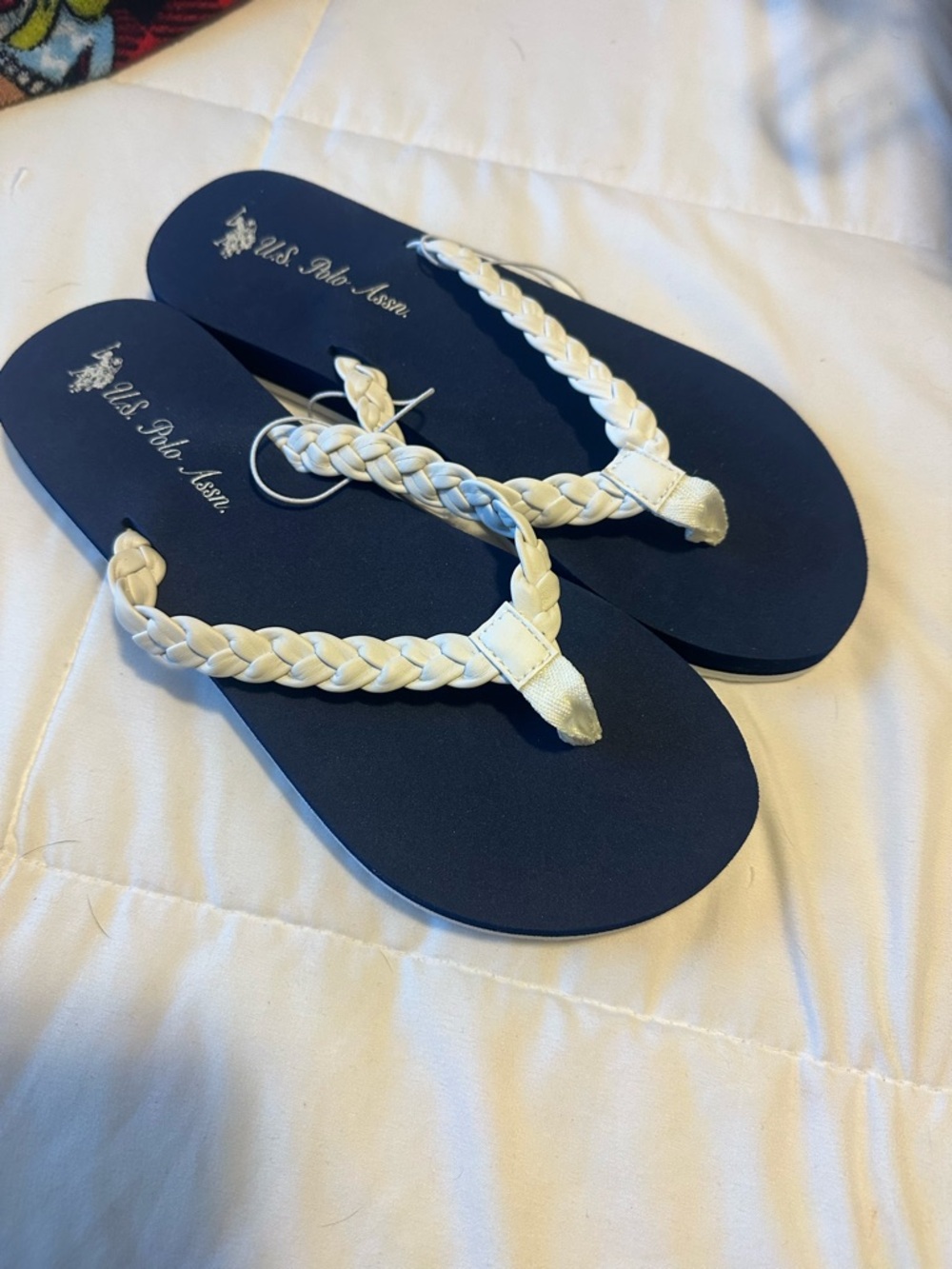 U.S. Polo Assn. Navy Flip Flops with Braided Cream Straps